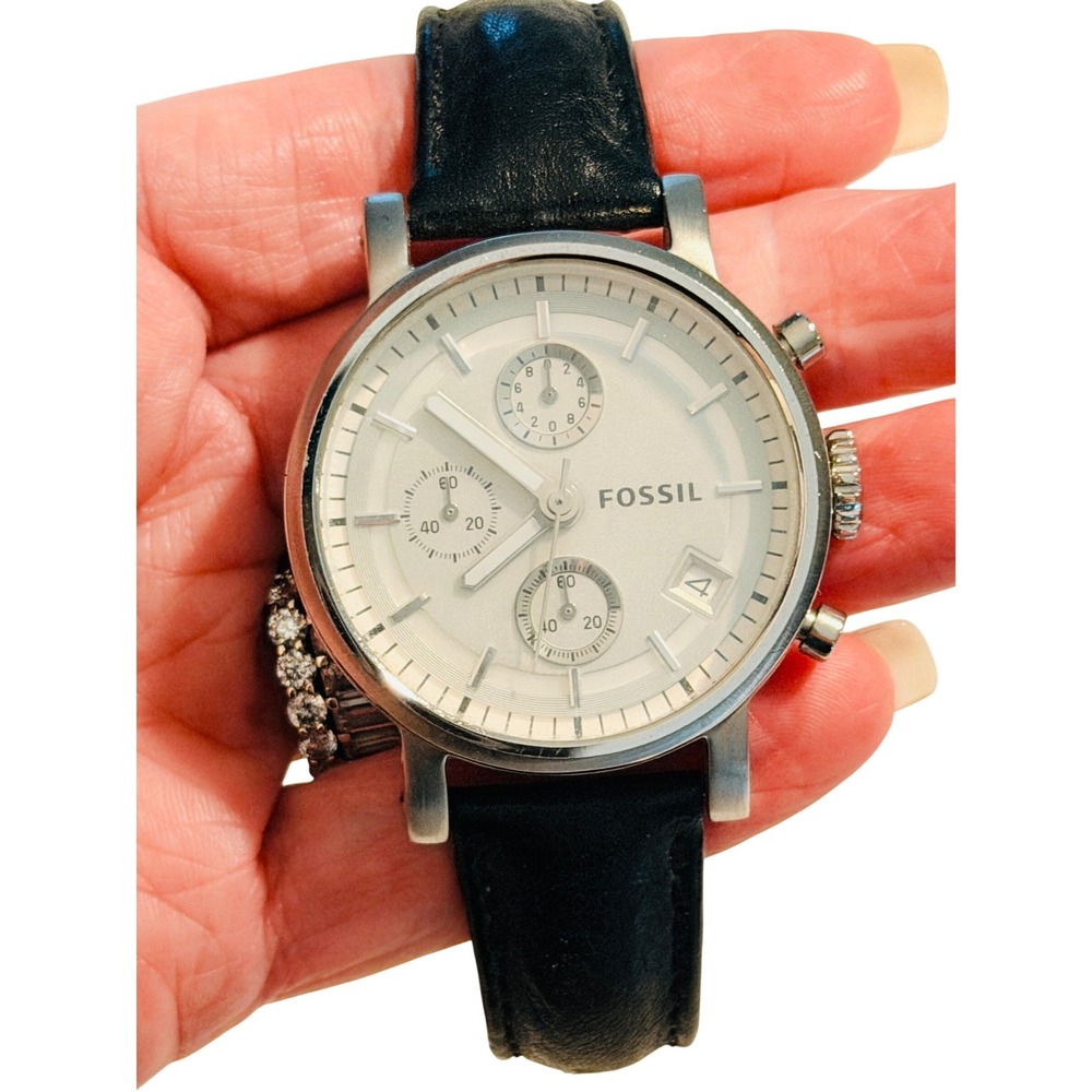 Fossil ES-2785 Mens Chronograph Watch Silver Stainless Steel Black Leather Strap